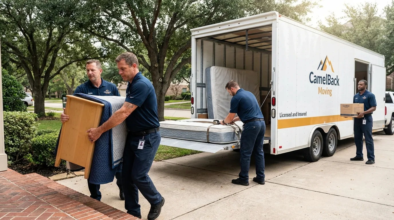 Crew loading residential truck for cross-state move from Keshena, WI
