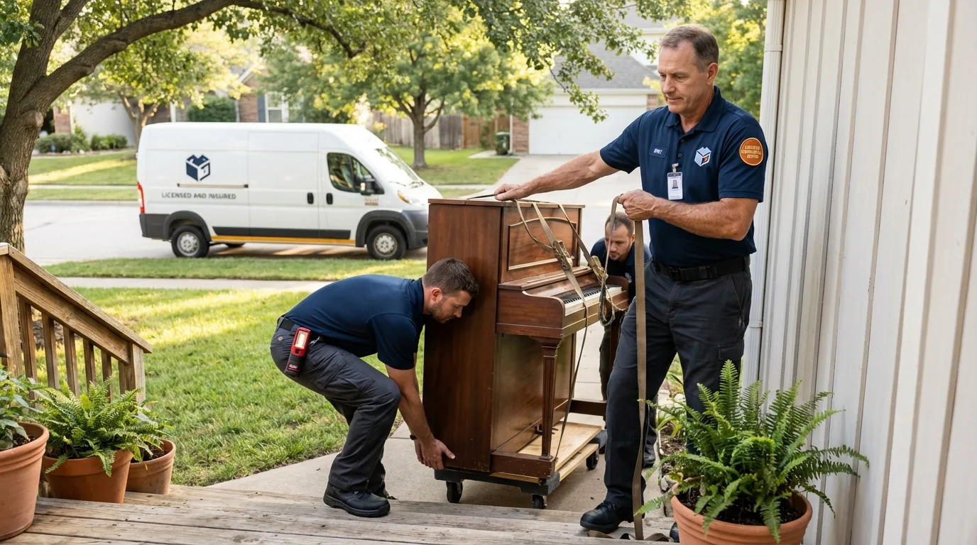 Licensed piano movers securing grand piano in Keshena, WI