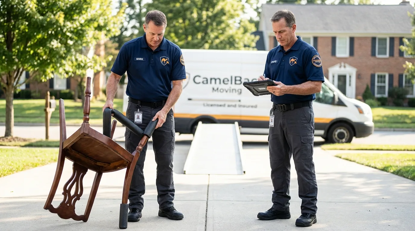 Movers inspecting furniture for damage prevention before loading in Keshena, WI