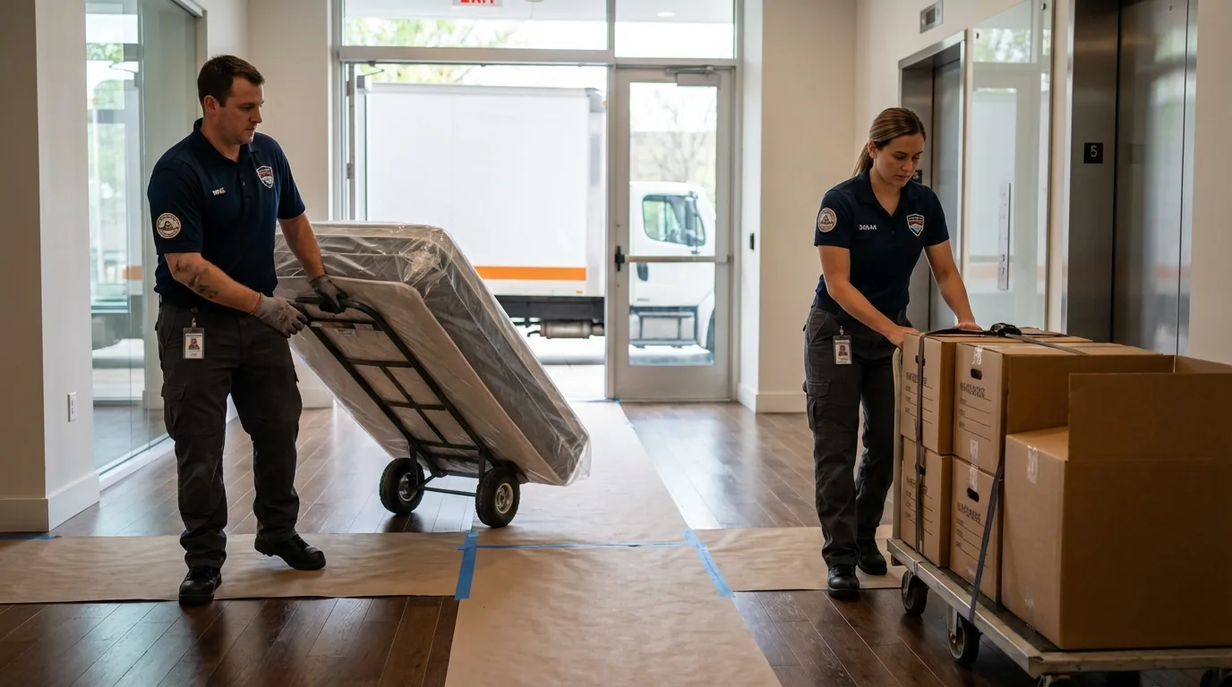Professional apartment movers loading elevator in Keshena, WI