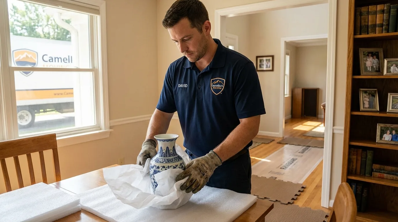 Professional crew carefully wrapping antique vase for senior downsizing move in Keshena, WI