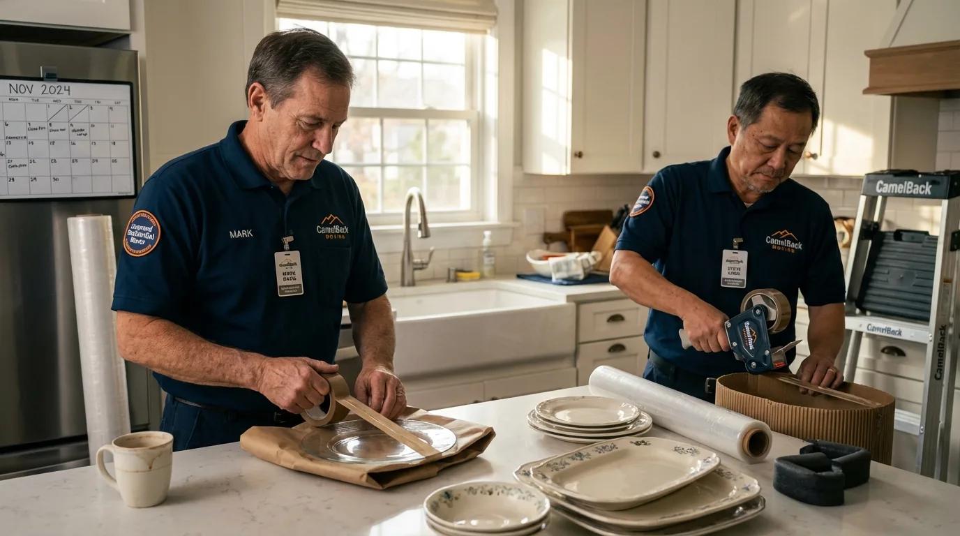 Professional crew packing kitchen dishware in Keshena, WI
